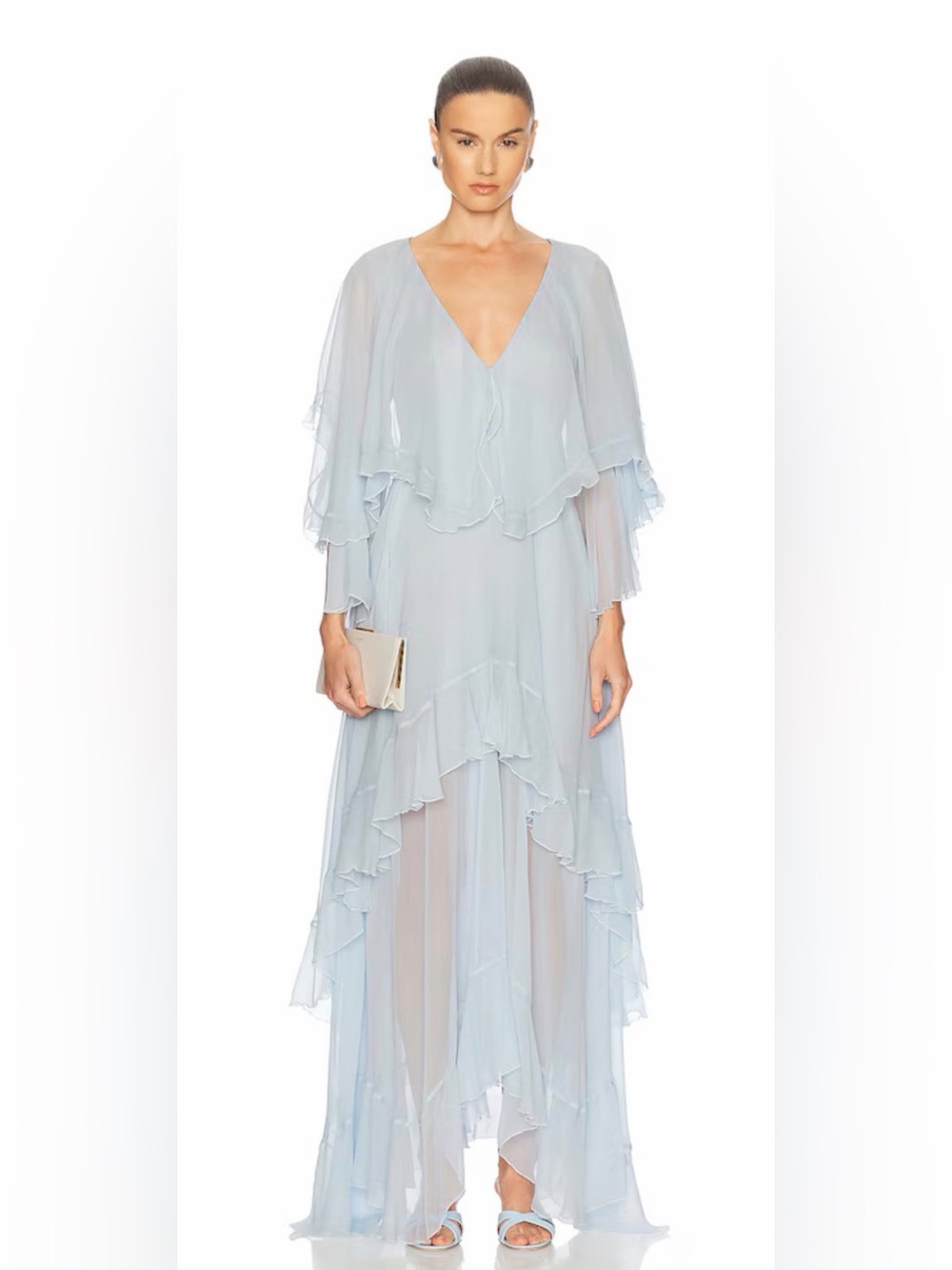 LoveShackFancy Collia Pale Blue Tiered Silk Maxi Dress